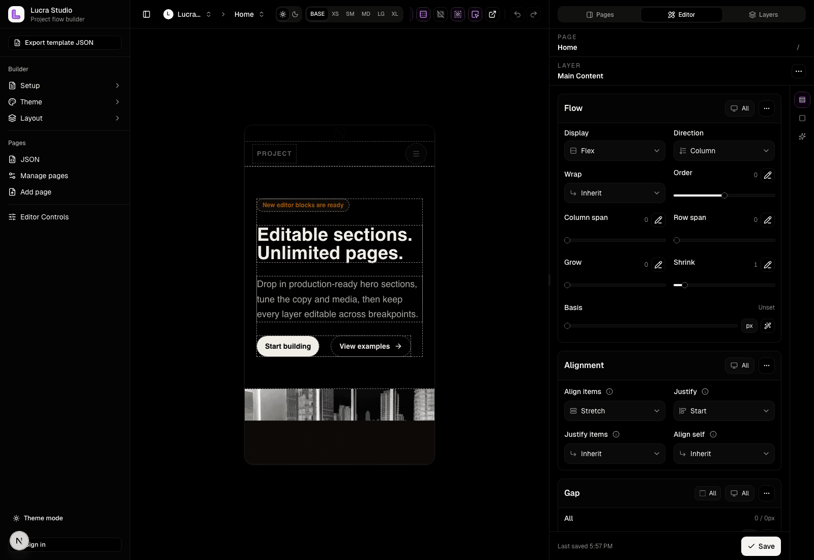 Static Lucra workspace preview showing a client site canvas, pages, and editor controls.