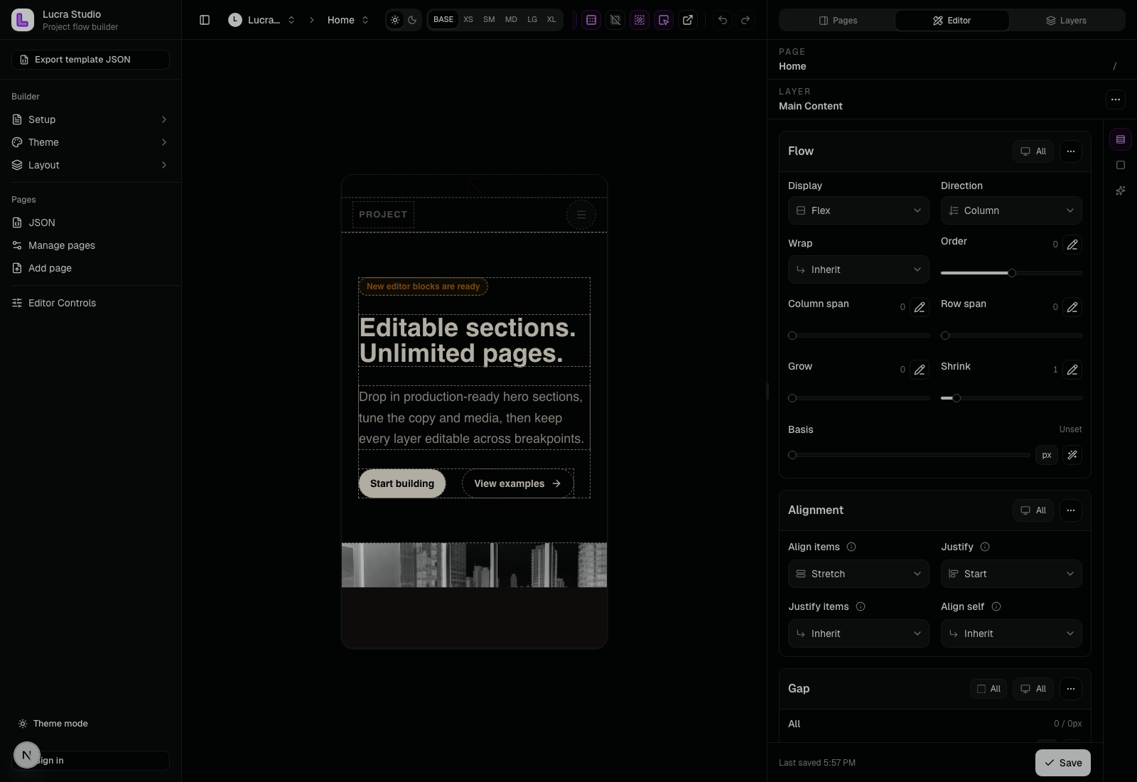 Lucra builder workspace interface.