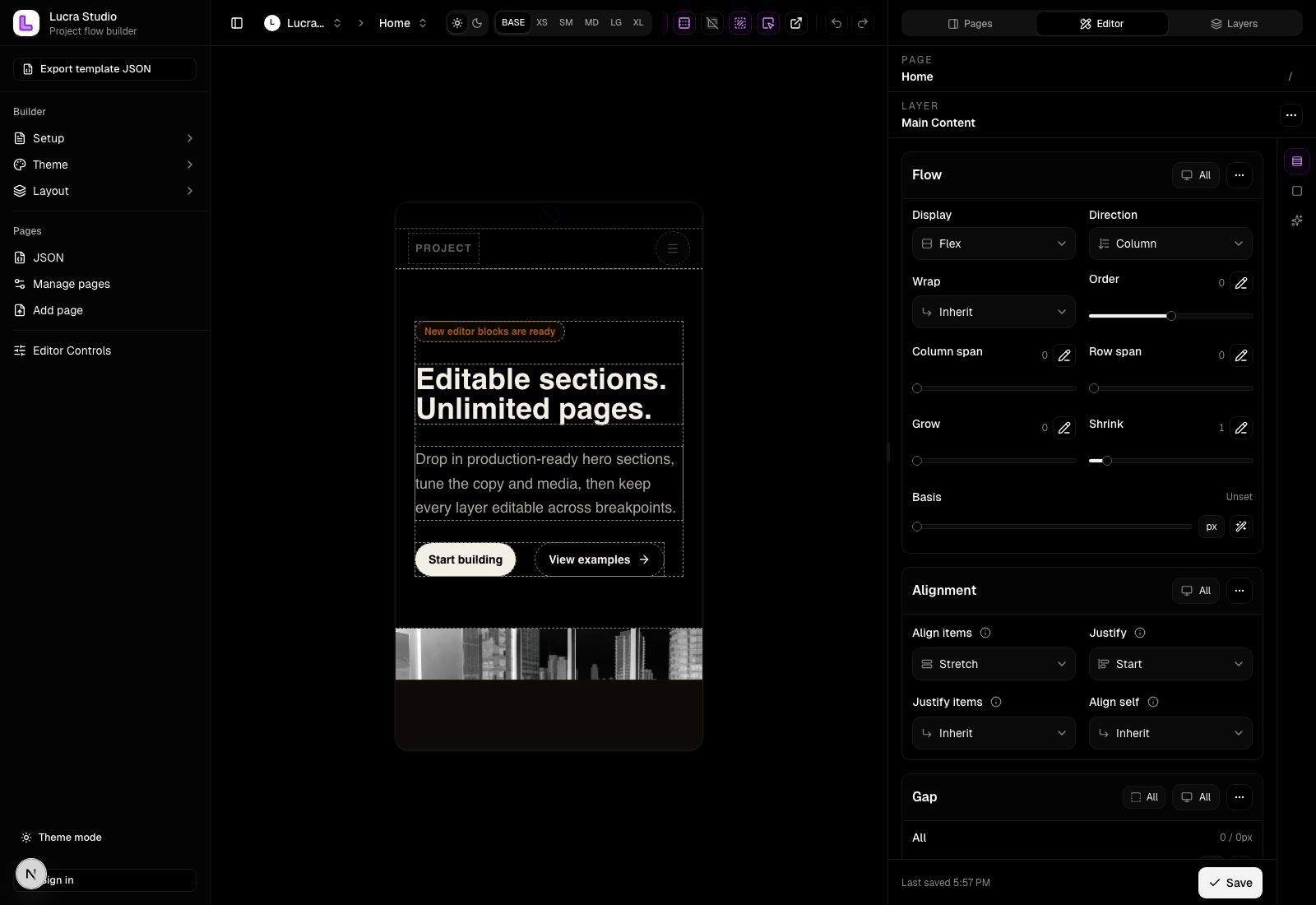 Lucra builder workspace interface.